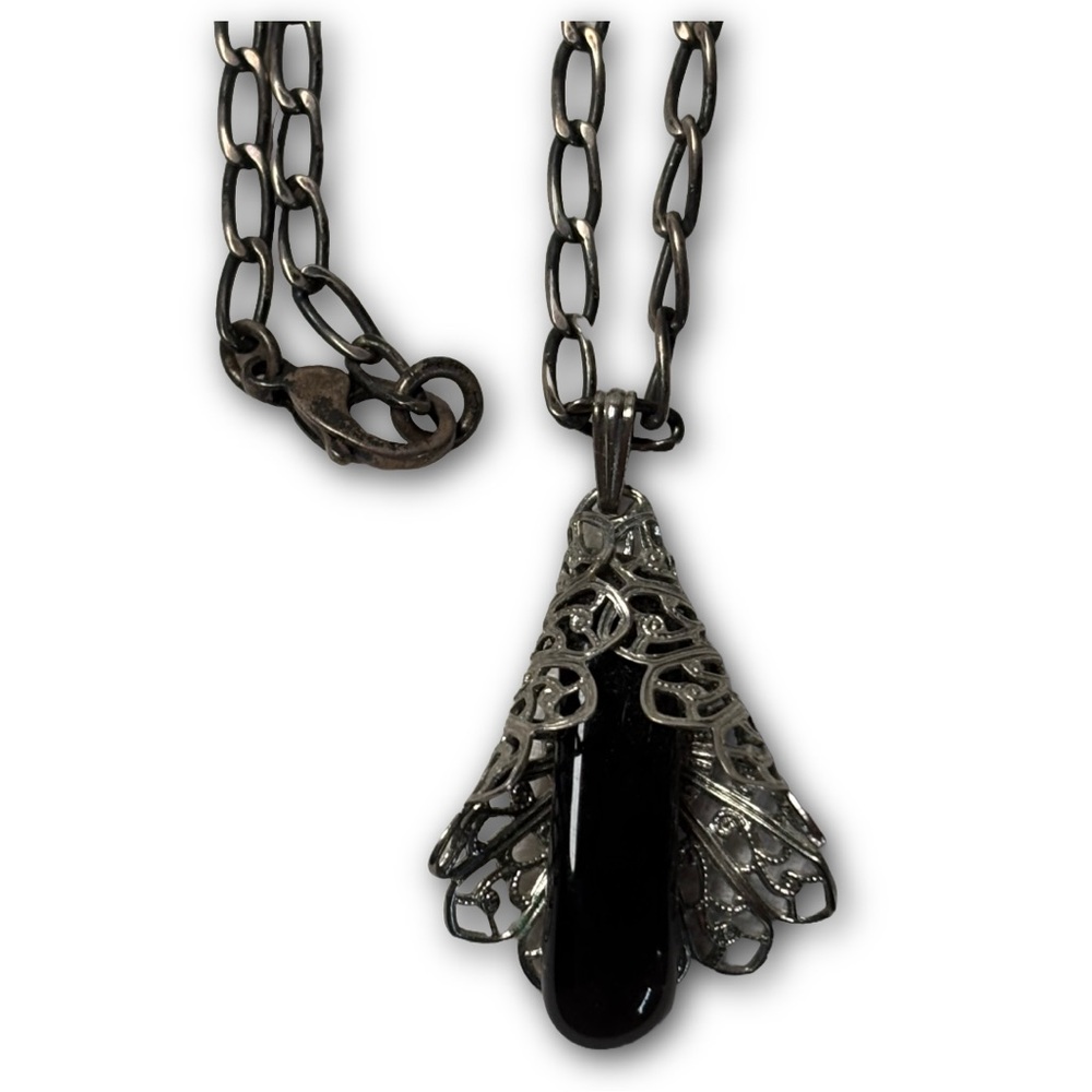 Estate Art Deco Style Filigree Pendant Necklace with Black Stone